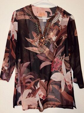 Chico's Floral Sheer Sequined Tunic Blouse Sz 0 (US 4/6 S)